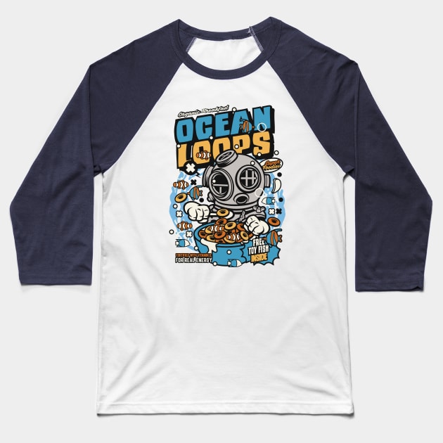 Retro Cartoon Cereal Box // Cereal Ocean Loops // Funny Vintage Breakfast Cereal Baseball T-Shirt by SLAG_Creative